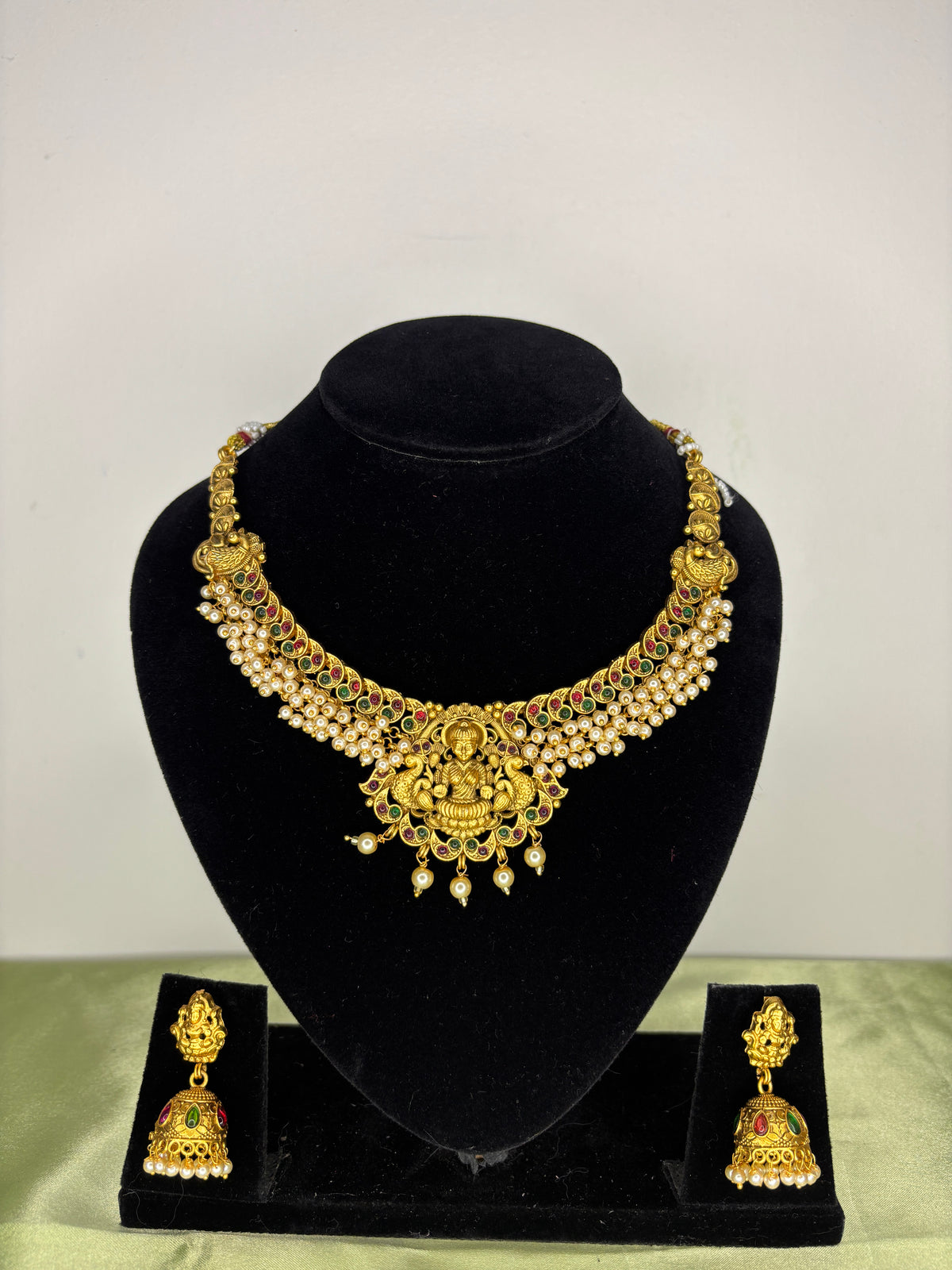 Heritage Lakshmi Devi Pearl-Strand Antique Temple Choker Set