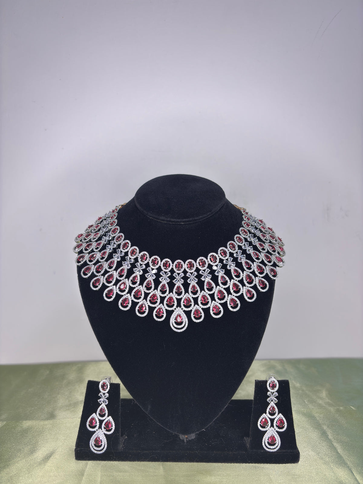 Glamorous Ruby & Diamond-Look Cascading Waterfall Bridal Set