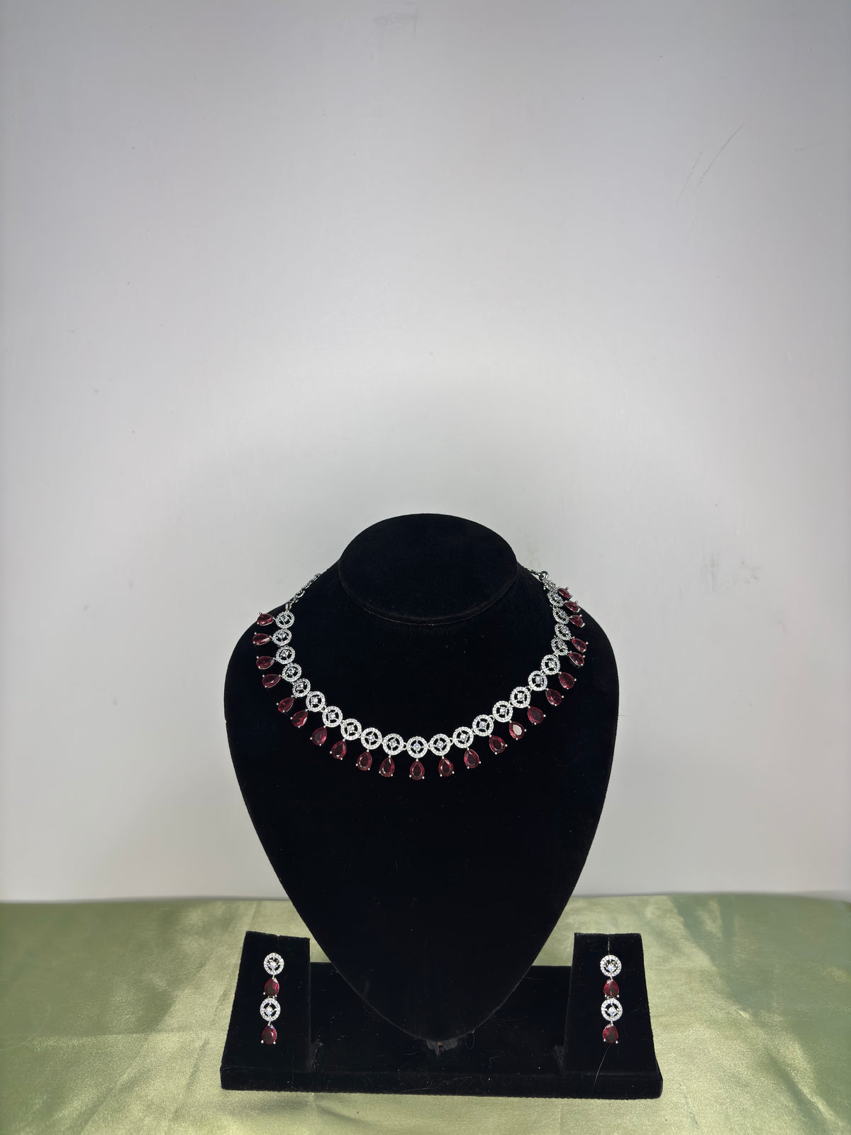 Dainty Ruby Stone Floral Collar Tennis Necklace Set