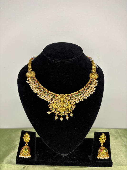 Heritage Lakshmi Devi Pearl-Strand Antique Temple Choker Set