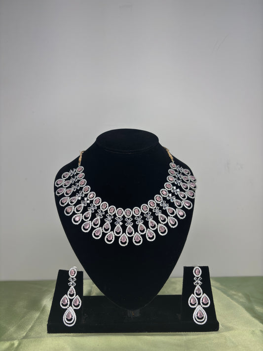 Ruby Red Crystal Crown-Style CZ Bridal Collar Set