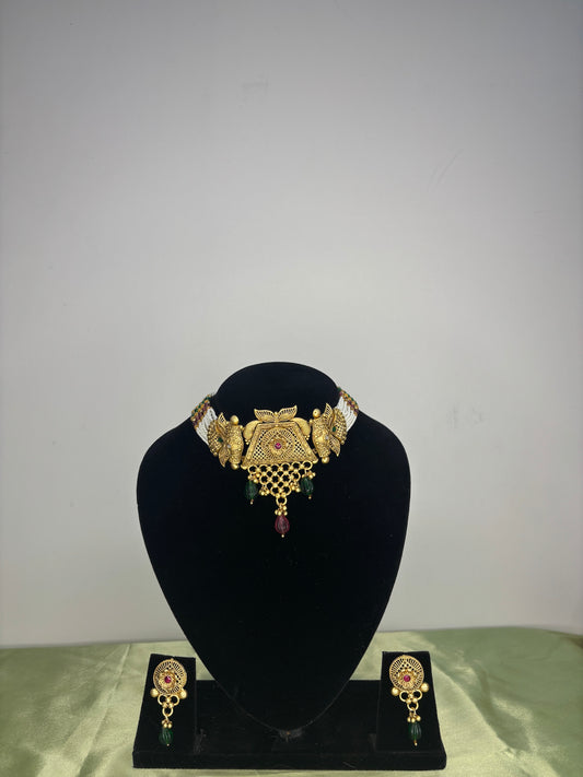 Gold-Toned Traditional Temple Plaque Choker with Emerald Drops