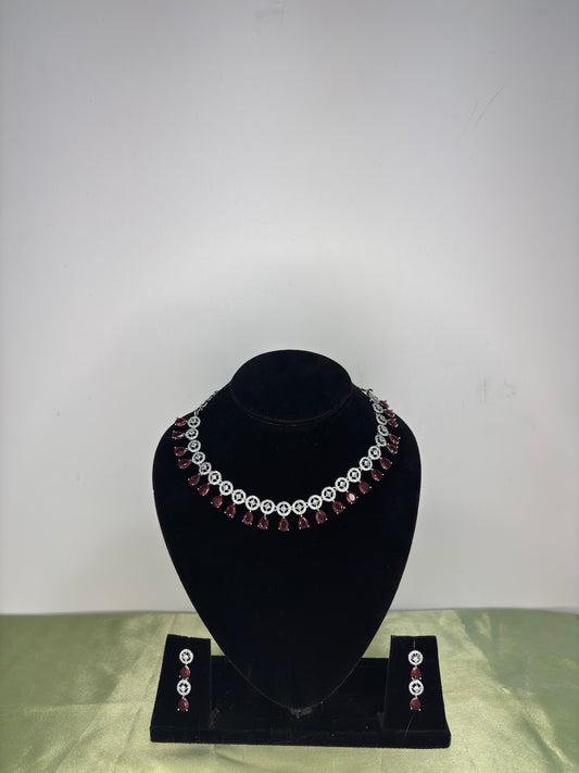 Dainty Ruby Stone Floral Collar Tennis Necklace Set