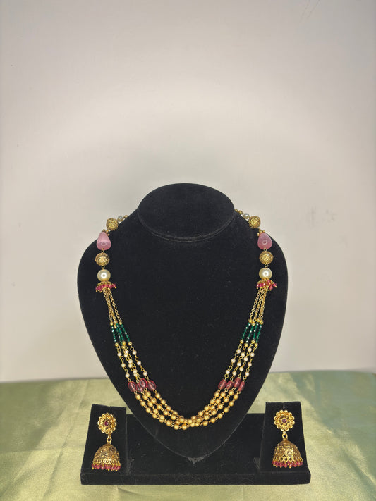 Multicolor Pastel Beaded Festive Mala Set with Matching Jhumkas
