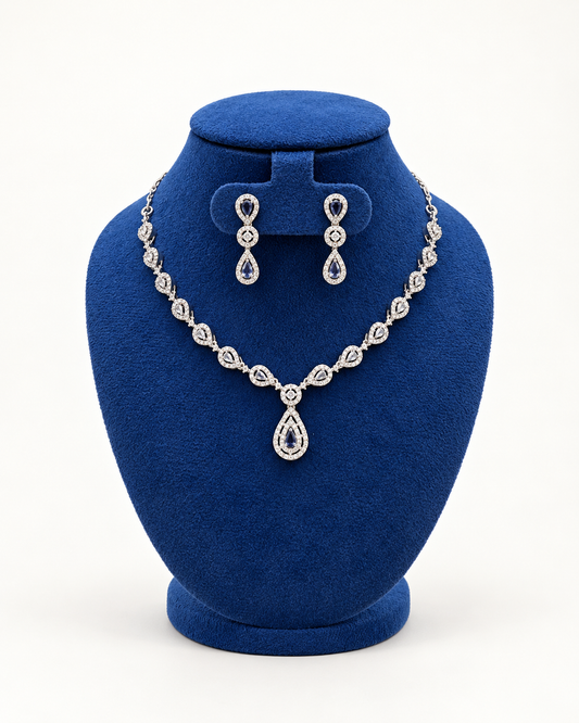 Kaveri Midnight Blue Leaf Halo Necklace Set with Earrings