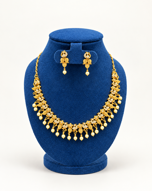 Peacock Leaf Pearl Fringe Necklace Set with Earrings